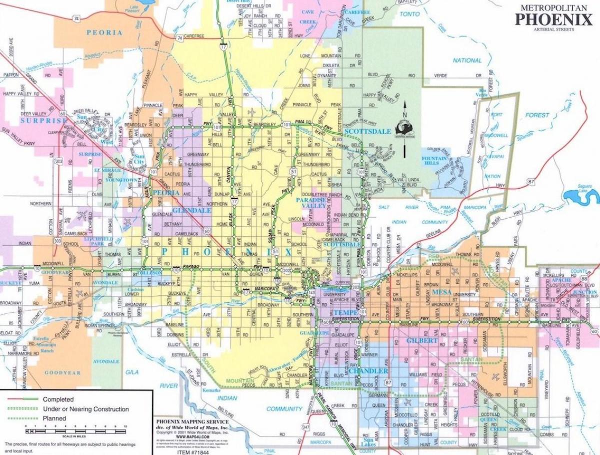 mapa Phoenix v Arizoně a okolních oblastí